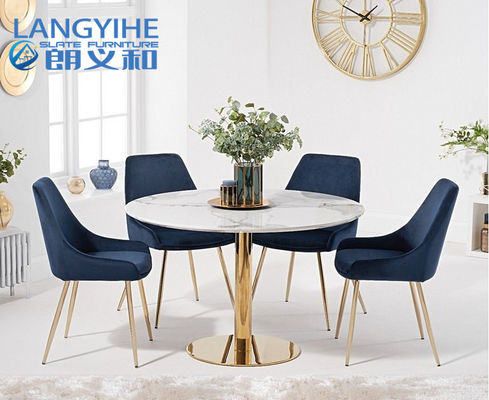 Iso 9001 120cm Yuvarlak Mermer Efekt Yemek Masası, Fern Kadife Sandalyeli Mavi