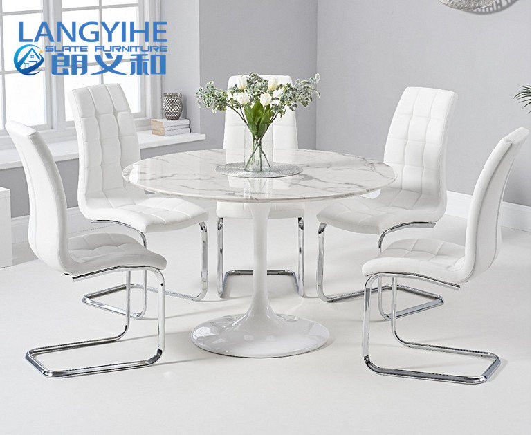 120cm Beyaz Mermer Yuvarlak Yemek Masası Ve Döşemeli Yemek Sandalyesi