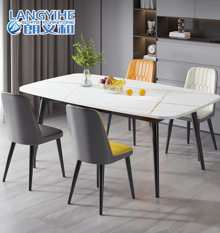 Metal Minimalist Mermer Yemek Masası Ve Sandalye Kombinasyonu Oval Şekil