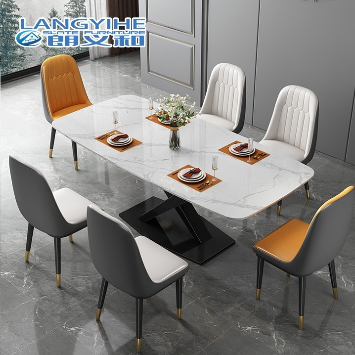 Paslanmaz Daire Minimalist Mermer Yemek Masası Metal Dikdörtgen